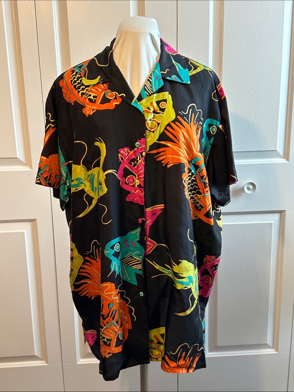 100% Silk Carole Little Black Button-Down Shirt with Neon Fish Motif